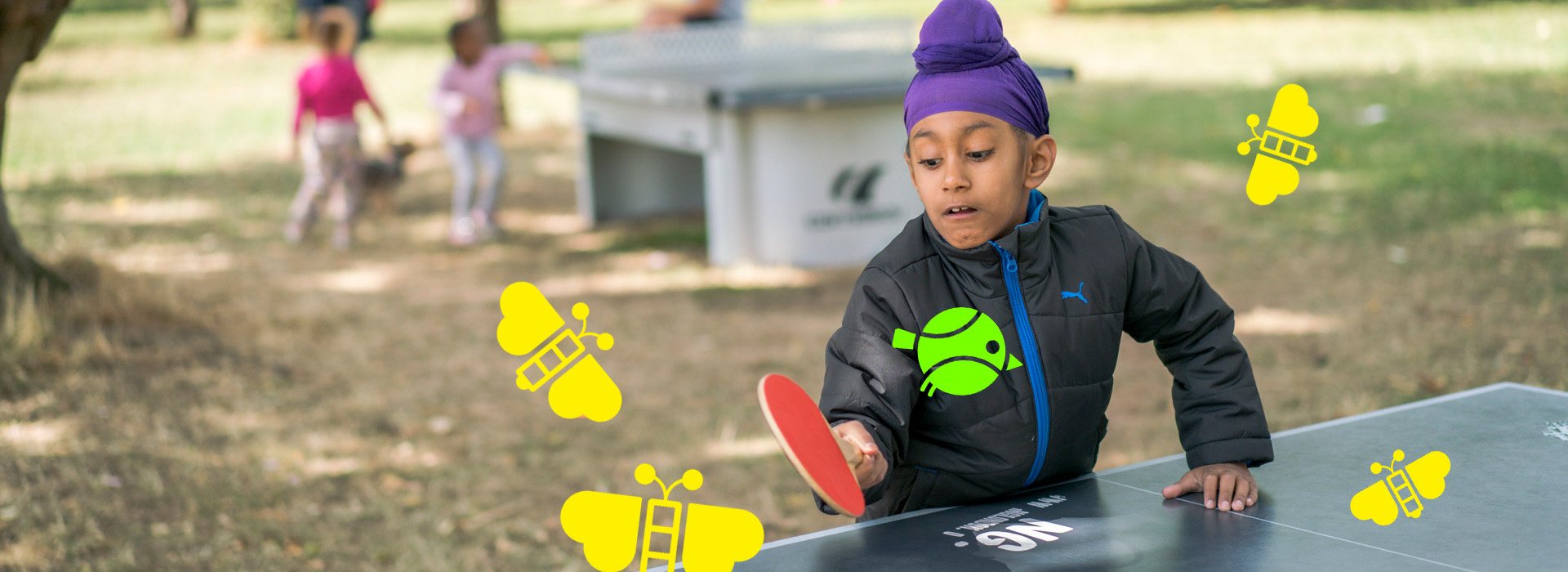 A child plays table tennis on an outdoor table, which is sat under a tree, surrounded by Nature Towns and Cites urban nature icons.