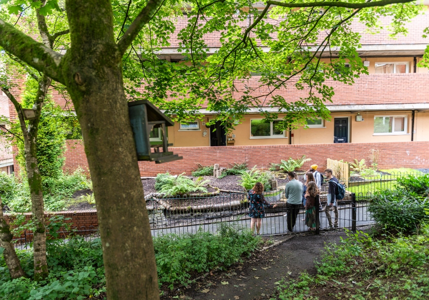 Group of people in natural area outside of a set of flats