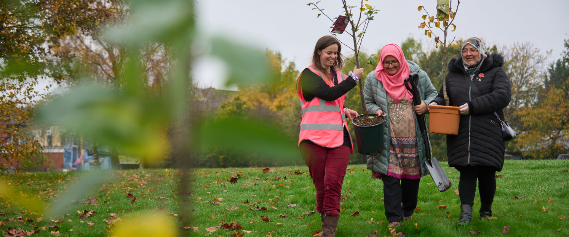 Three people carrying blossom trees to be planted.