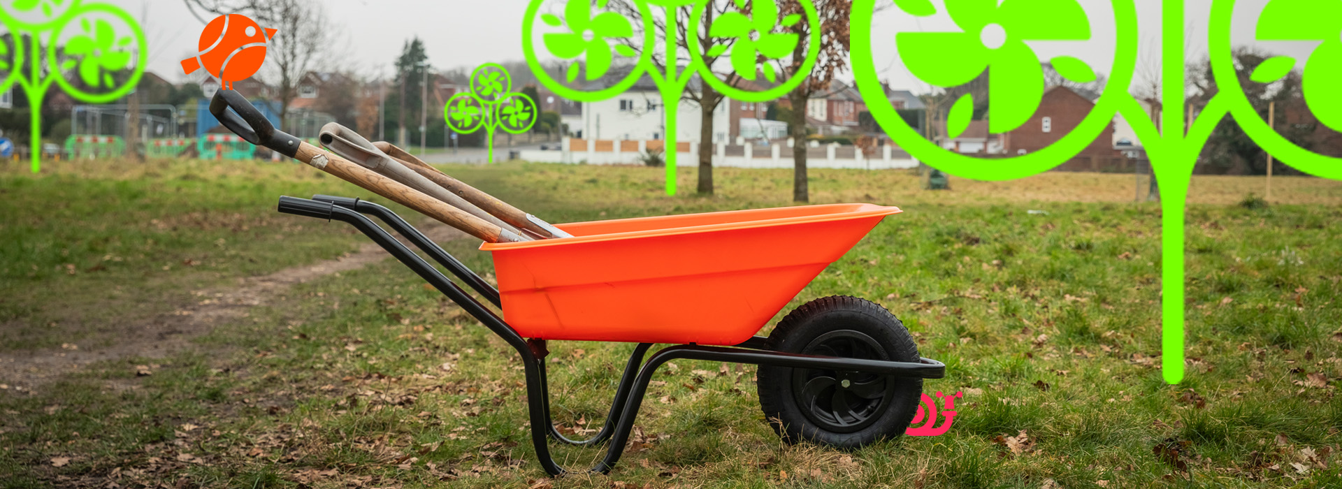 A wheelbarrow holding spades for tree planting in a field surrounded by Nature Towns and Cities urban nature icons.