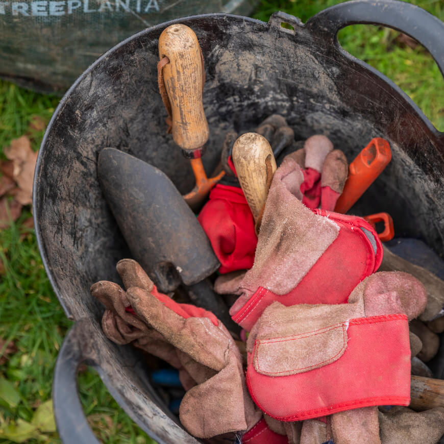A bucket of gardening gloves and tools.