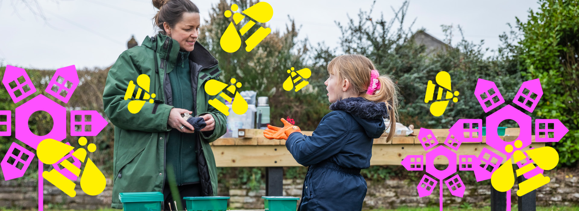 An adult and young child volunteer in a community garden talking to each other surrounded by Nature Towns and Cities urban nature icons.