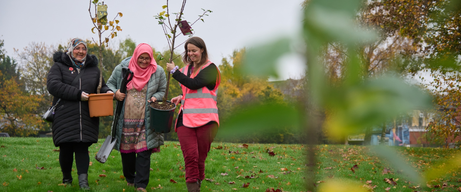 Three people carrying blossom trees to be planted.