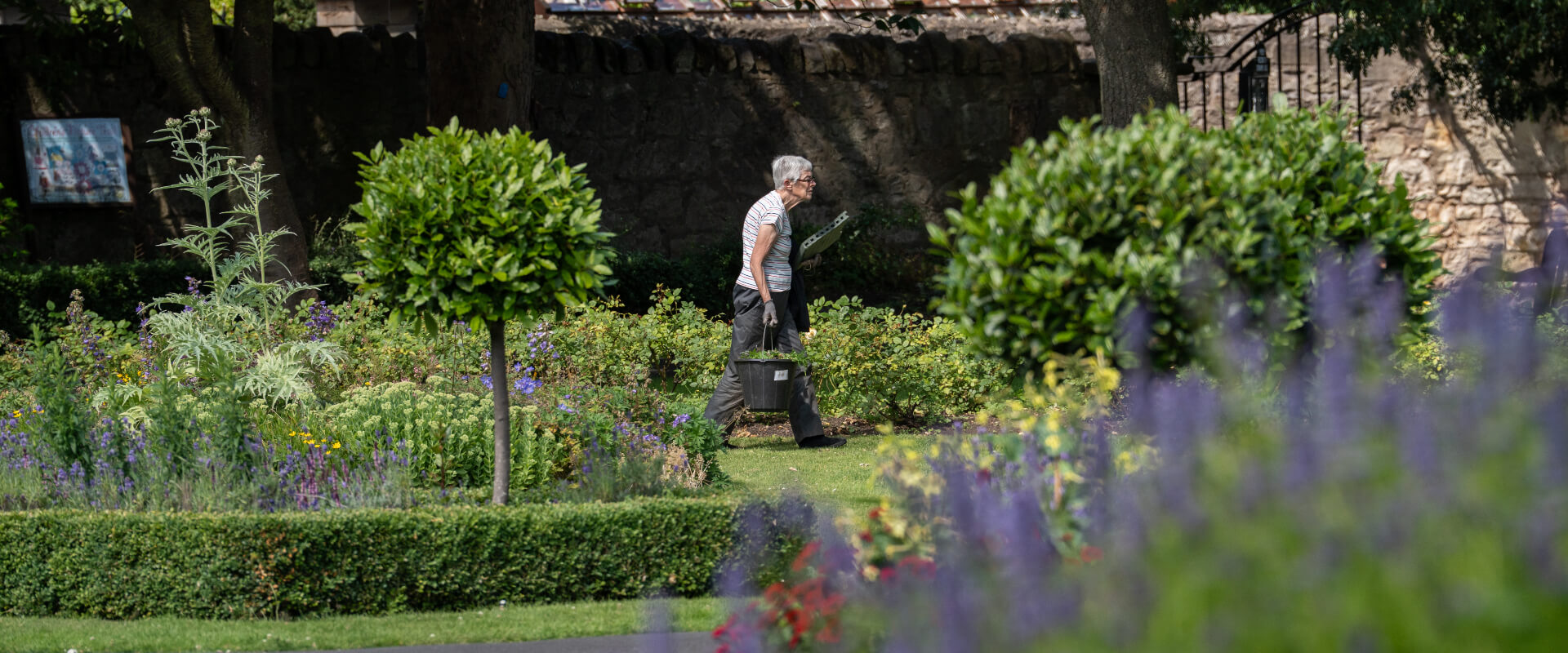 A women carrying a bucket of gardening materials in a park.
