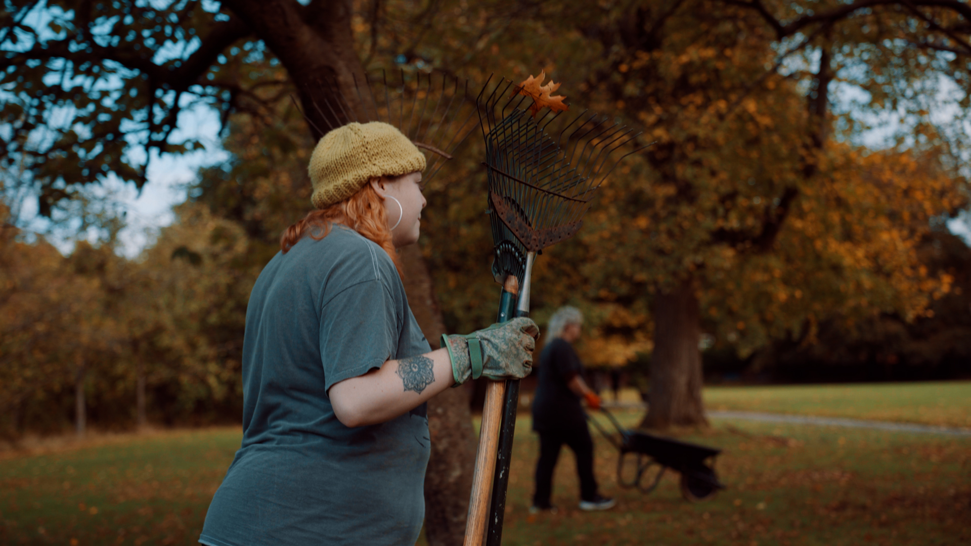 A young woman with knitted yellow hat carries two large garden rakes across a field, with autumnal trees and fields behind her.