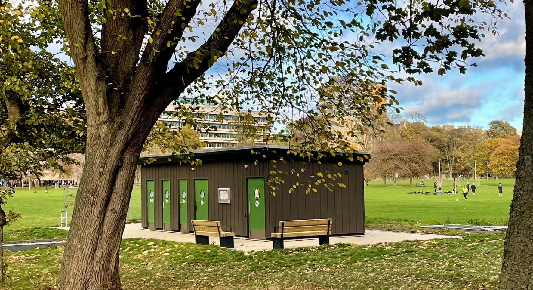 A block of toilets in a public park. They are brown-cladded with green doors. The park has an autumnal feel with fallen leaves.