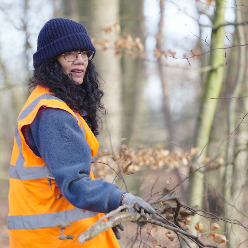 A women with long dark hair and a bright orange high vis vest helps to clear branches in a woodland. It's deep winter, with bare trees and pale light. She's got a navy beanie on to keep warm.