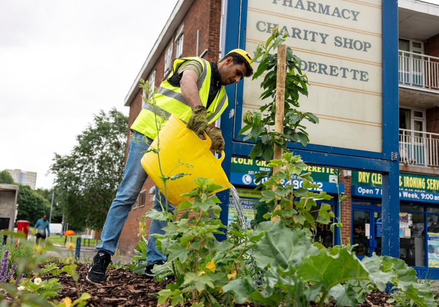 A man waters plants in a bark-chipped flower bed. He looks to be standing in a shopping area, with signs for local shops behind him. Large tower blocks rise in the distance.