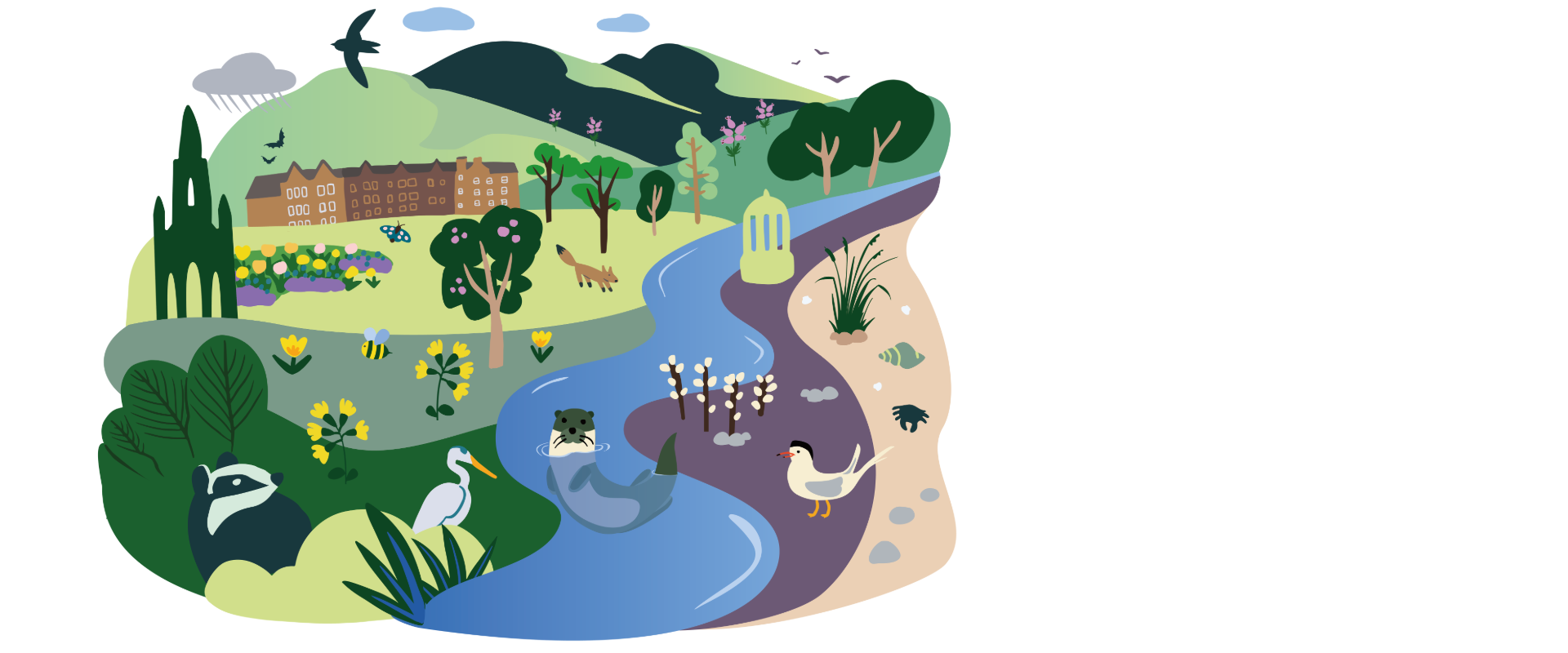 A colourful illustrated picture of nature and wildlife nestled amongst iconic features of Edinburgh's skyline.