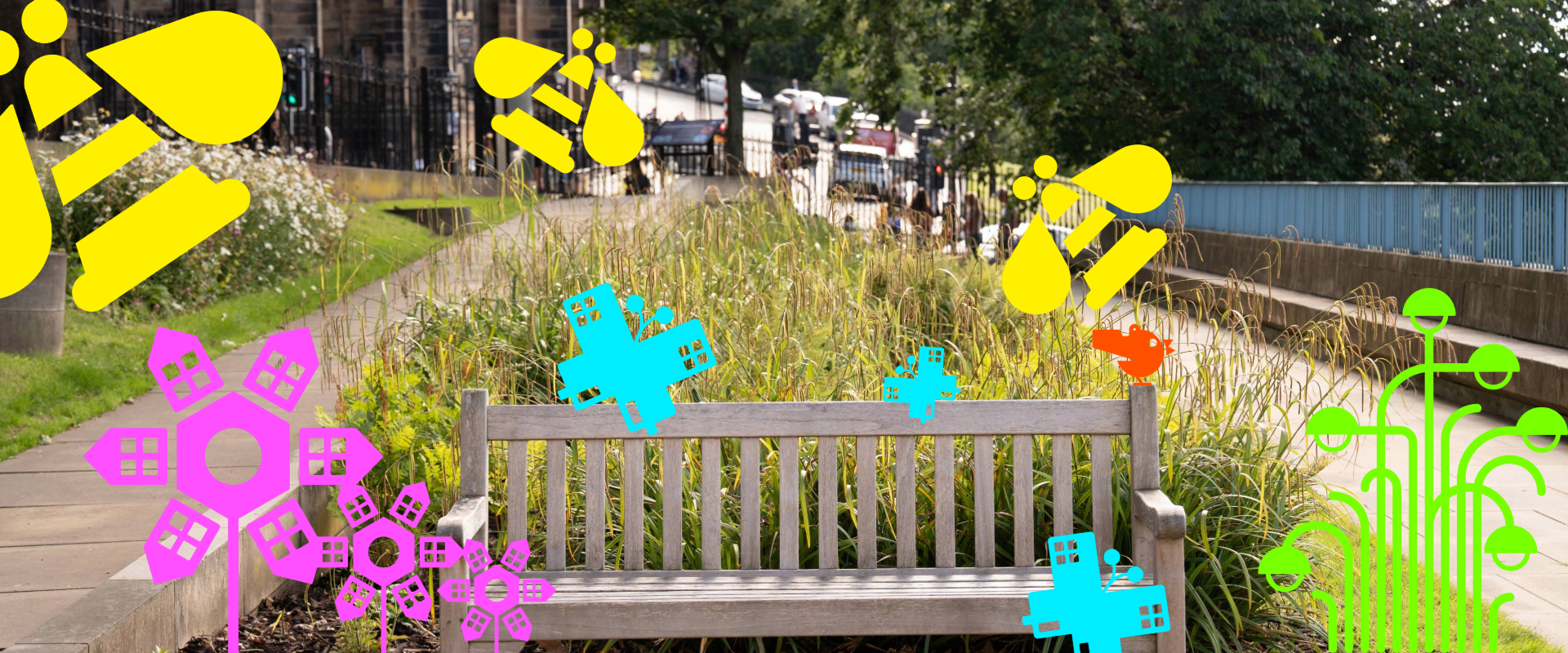 A bench surrounded by tall grasses and wildflowers in the heart of a city. Large, colourful icons of flowers, bees, butterflies and birds cover the shot.