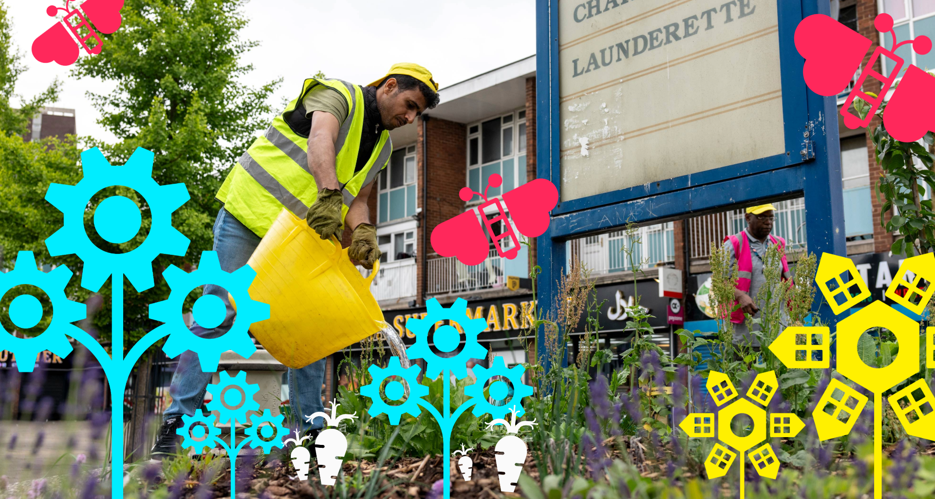 A man in high-vis yellow waters a flowed bed. It's set in a built-up area, with a large sign listing local shops behind him